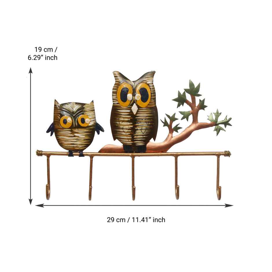 eCraftIndia Iron 2 Owl Birds Sitting On Tree Branch Decorative Key Holder With 5 Key Hooks For Wall