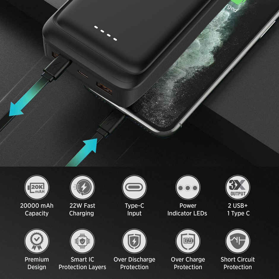 Intex 20000 mAh 22 W Wired Power Bank(Lithium Polymer, Fast Charging for Mobile) - Smokey Black