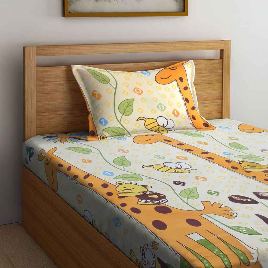 Arrabi Multi Kid's Cartoon Bedsheet With 1 Pillow