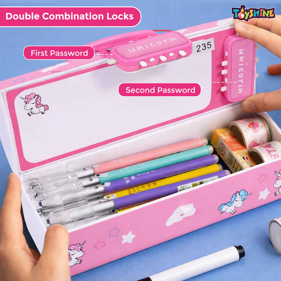 Toyshine Code Lock Pencil Box Multi Compartment Secret Storage | Unicorn Pink