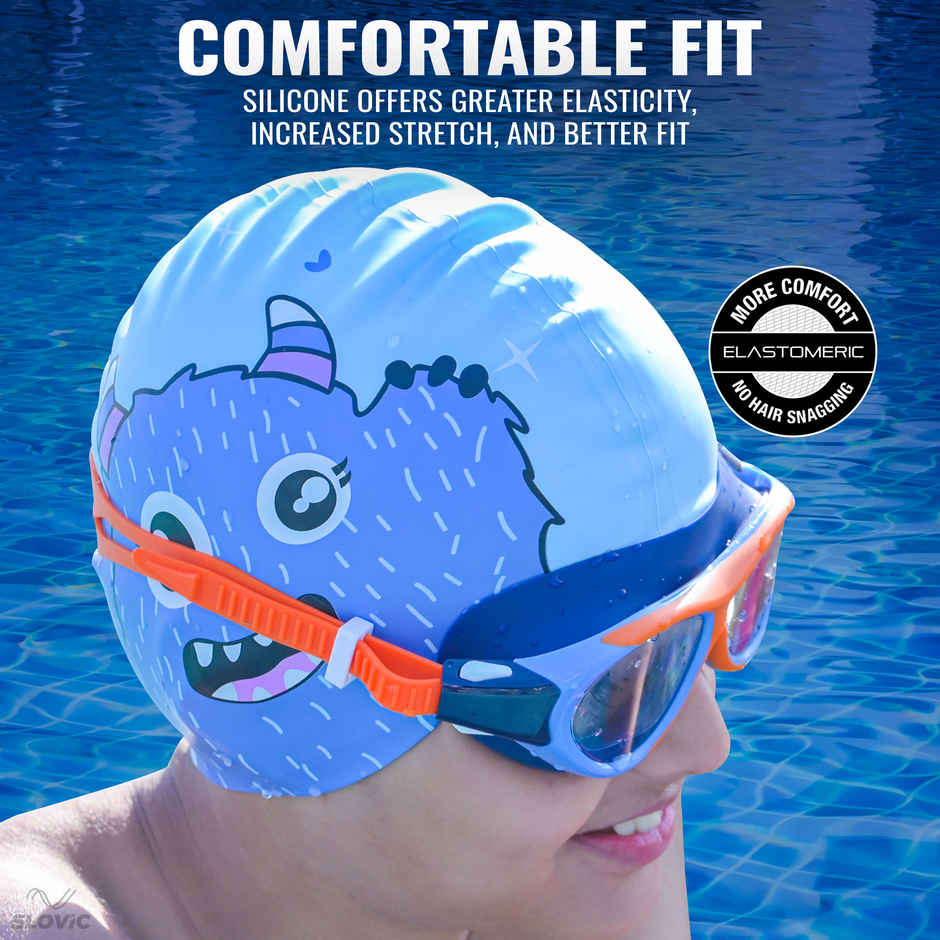 Slovic Kids Swimming Cap - Stretchable, Leak-Proof & Soft Comfort Fit