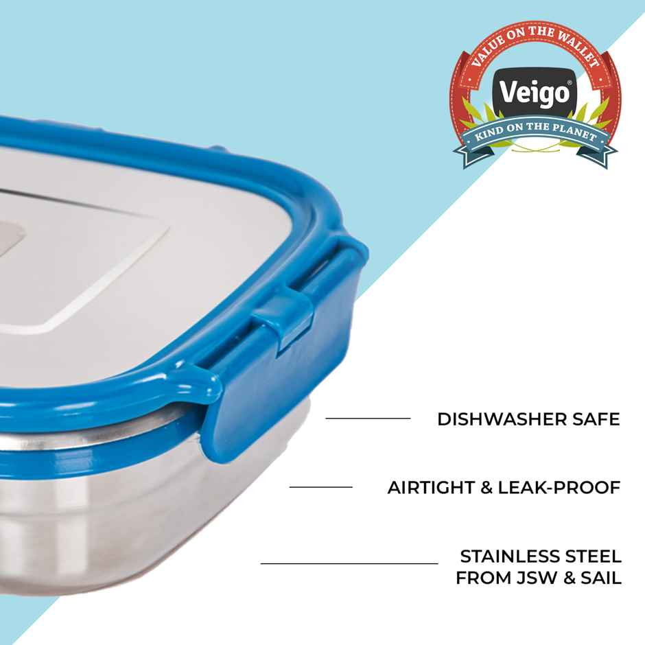 Veigo Large - Stainless Steel Leakproof Lunch Box | 630 ml Compact for Outdoors- Dark Blue