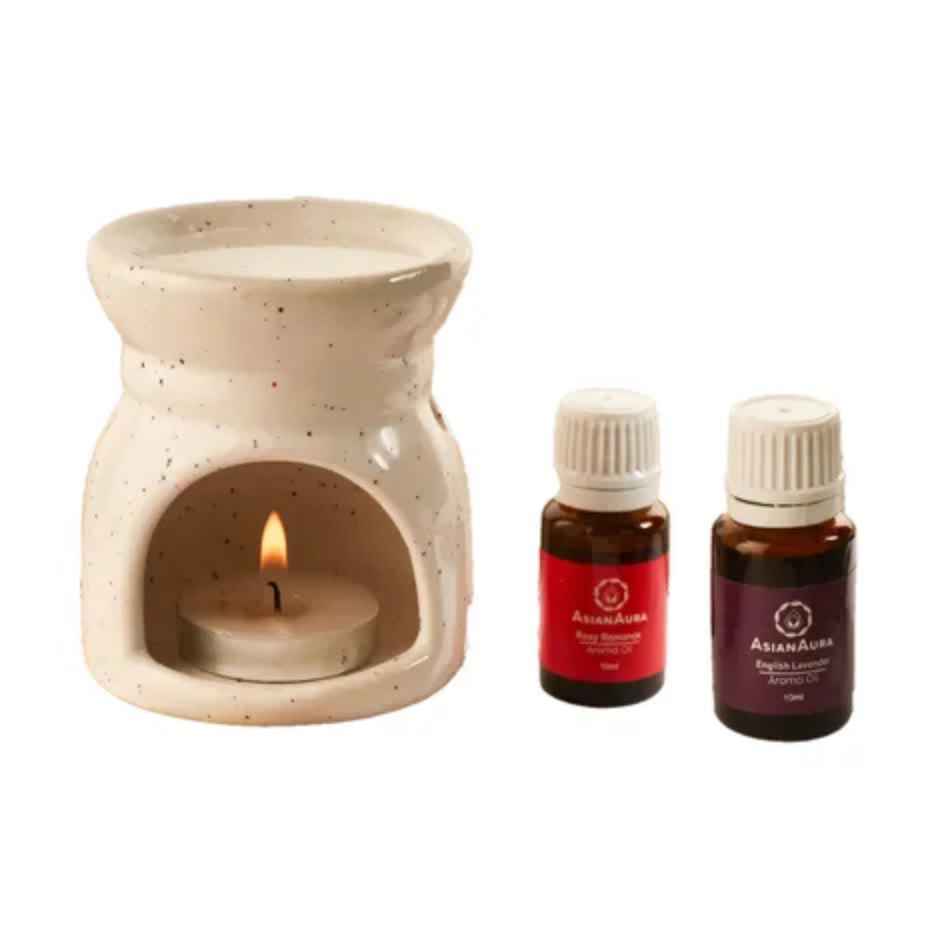Asian Aura Ceramic Candle Diffuser with Rosy Romance & Lavender Oils | 10 ml Each + Tea Light
