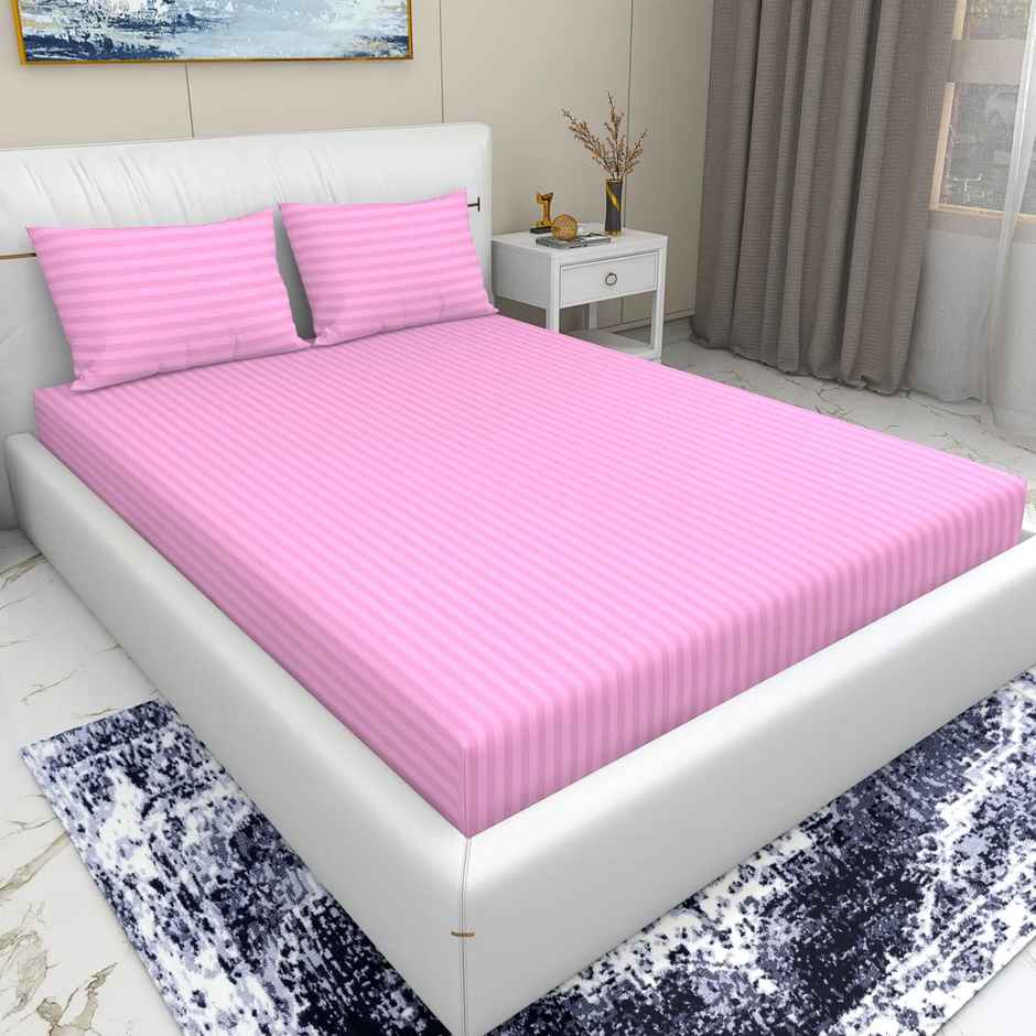 Homeharmony Baby Pink Lining Double Bed Bedsheet with 2 Pillow Covers (220x250 cm)