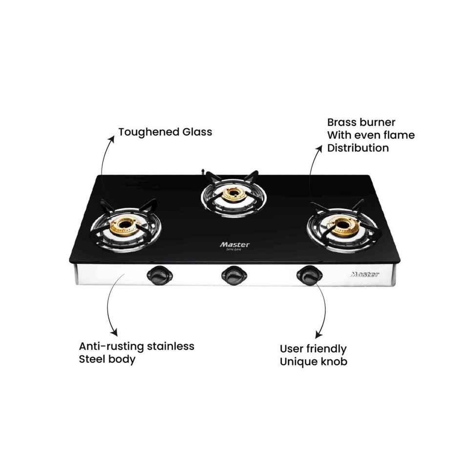 Master Cosmo Glass Top Gas Stove 3 Burner Jumbo, Isi Certified