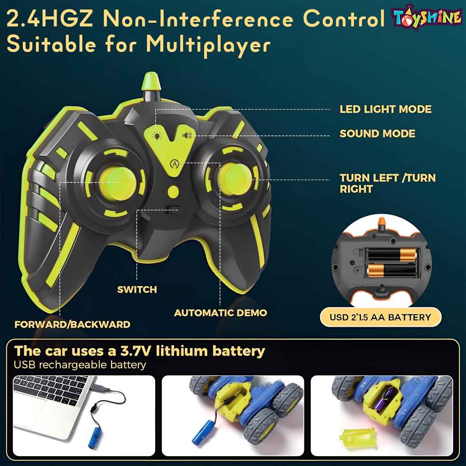 Toyshine Hologram Remote Control Car Stunt Rc Cars 2.4Ghz With Double Sided 360 Green