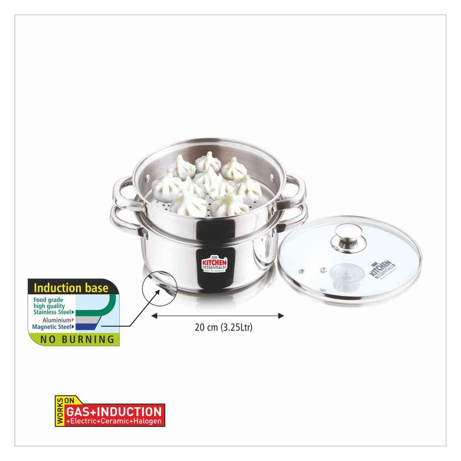 Kitchen Essentials Induction Bottom Modak Maker With Glass Lid (2 Tier) - 20.00 Cm