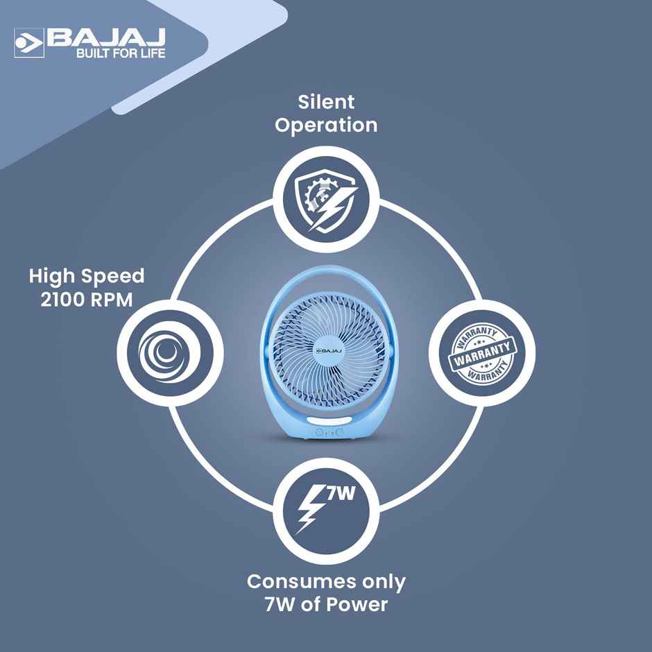 Bajaj Pygmy Go Mini Fan with LED Lighting, 178MM, Rechargeable, USB Charging, 4-hours Battery Backup, 3 Speed, 2-Light Brightness Setting - Blue