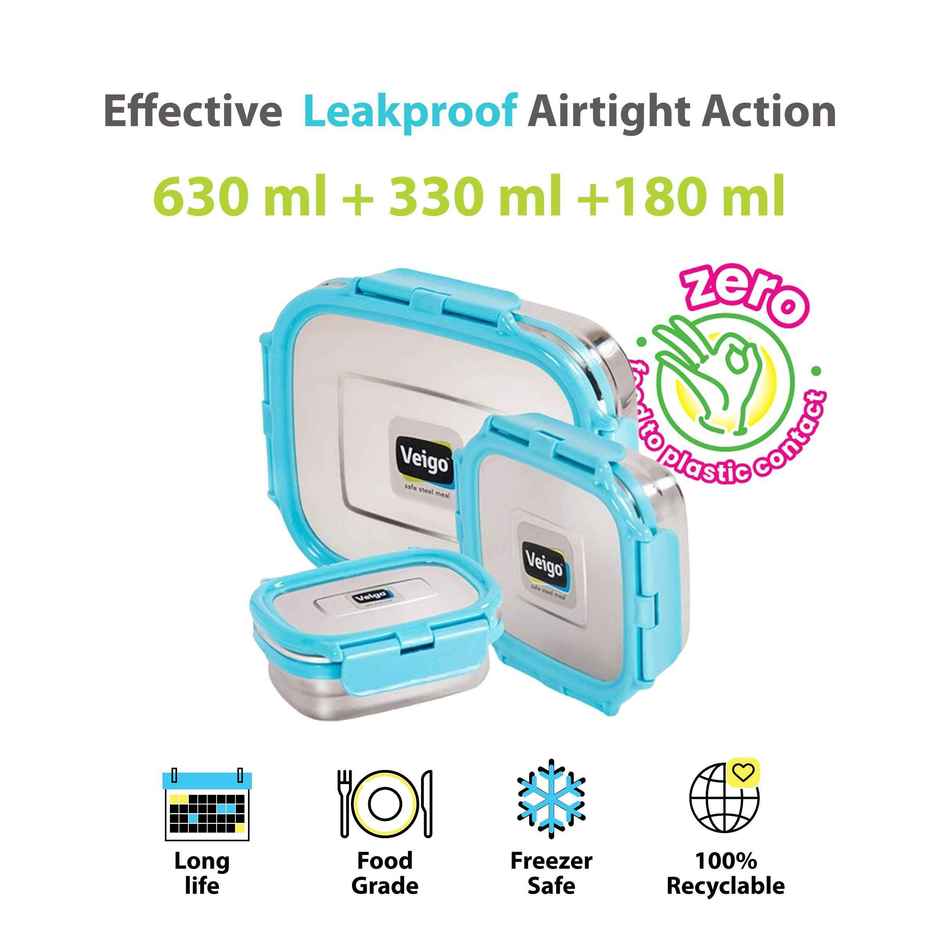 Veigo Ready to Gift Celebration Pack of 3 Leakproof Steel Lunchbox | 630+330+180 ml Aqua Blue