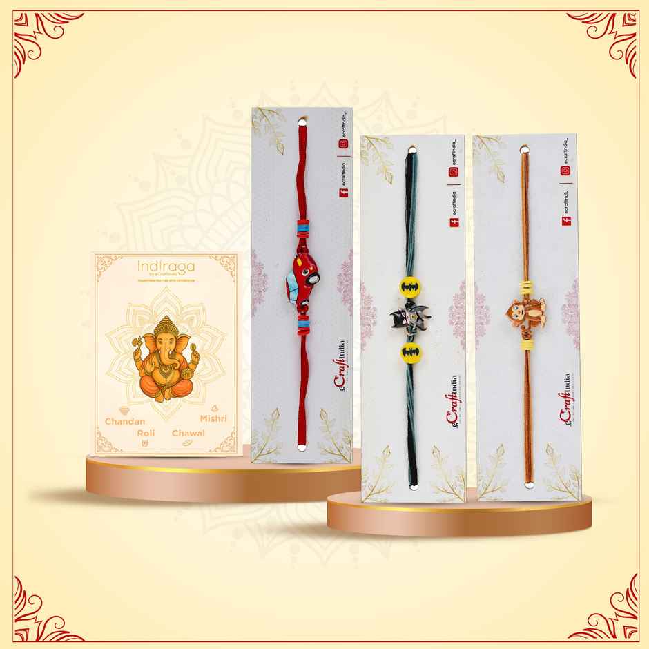 Ecraftindia Roli Chawal Chandan Mishri Pouch Combo For Rakhi (1pc) & Ecraftindia Cartoon Car Rakhi | Raksha Bandhan Rakhi | Roli Chawal Pack (1pc) & Ecraftindia Monkey Cartoon Rakhi | Raksha Bandhan Rakhi | Roli Chawal Pack (1pc) & Ecraftindia Batman Rakhi | Raksha Bandhan Rakhi For Bhai Bhaiya | Roli Chawal Pack (1pc) Combo