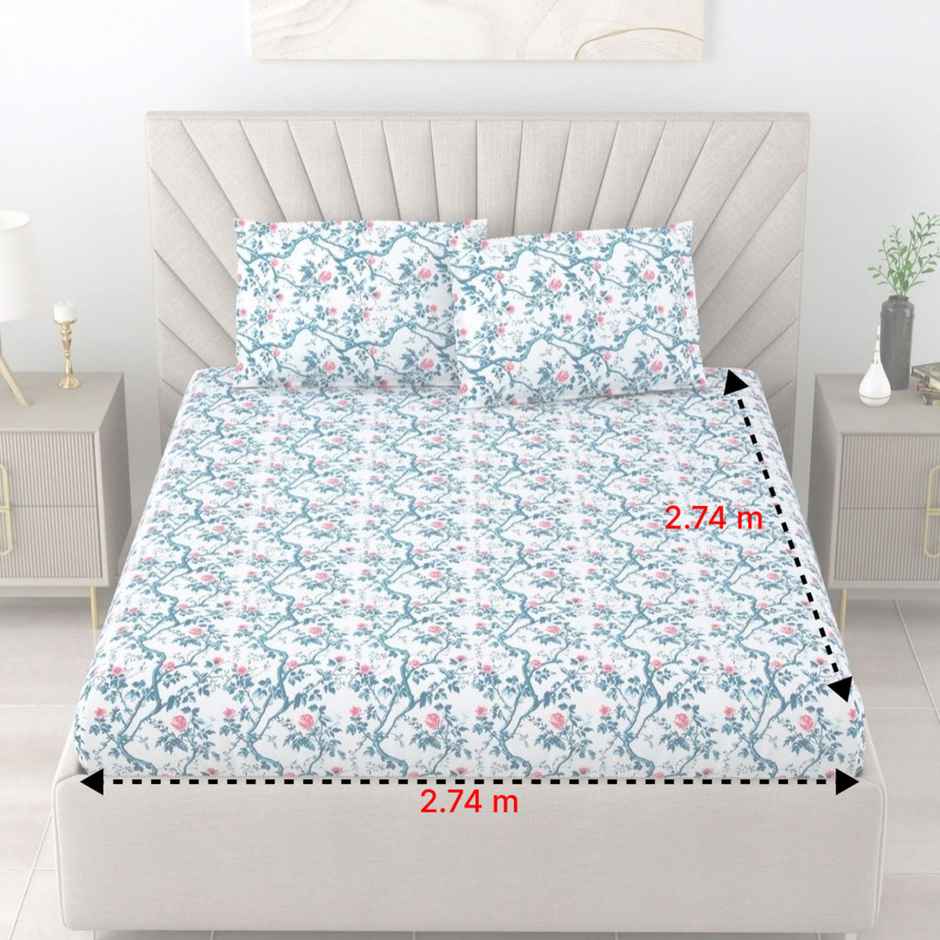 Bombay Dyeing Florentine 144 TC 100% Cotton Blue Super King Size Bedsheet with 2 Pillow Covers