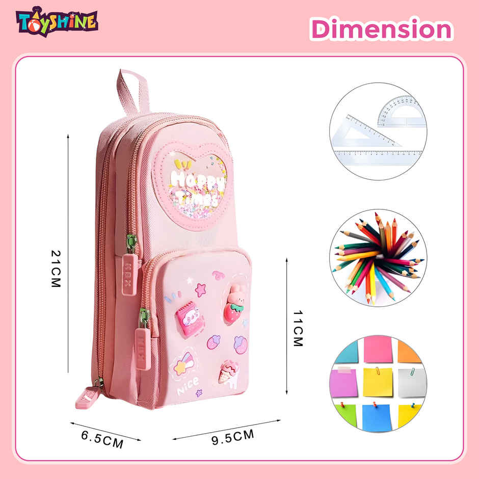 Toyshine 3 Layer Large Capacity Handheld Multifunctional Pencil Pouch for School Kids - Pink