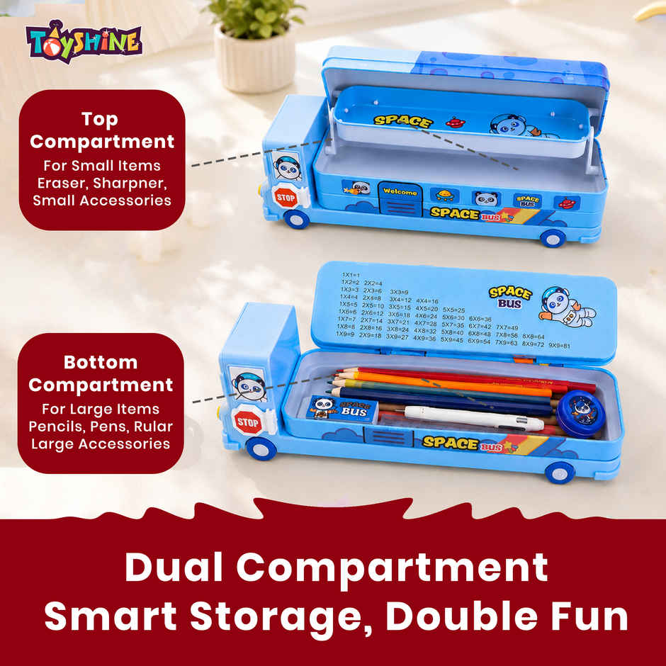 Toyshine Cartoon Printed School Bus Metal Pencil Box With Moving Tyres And Sharpener For Kids - Blue
