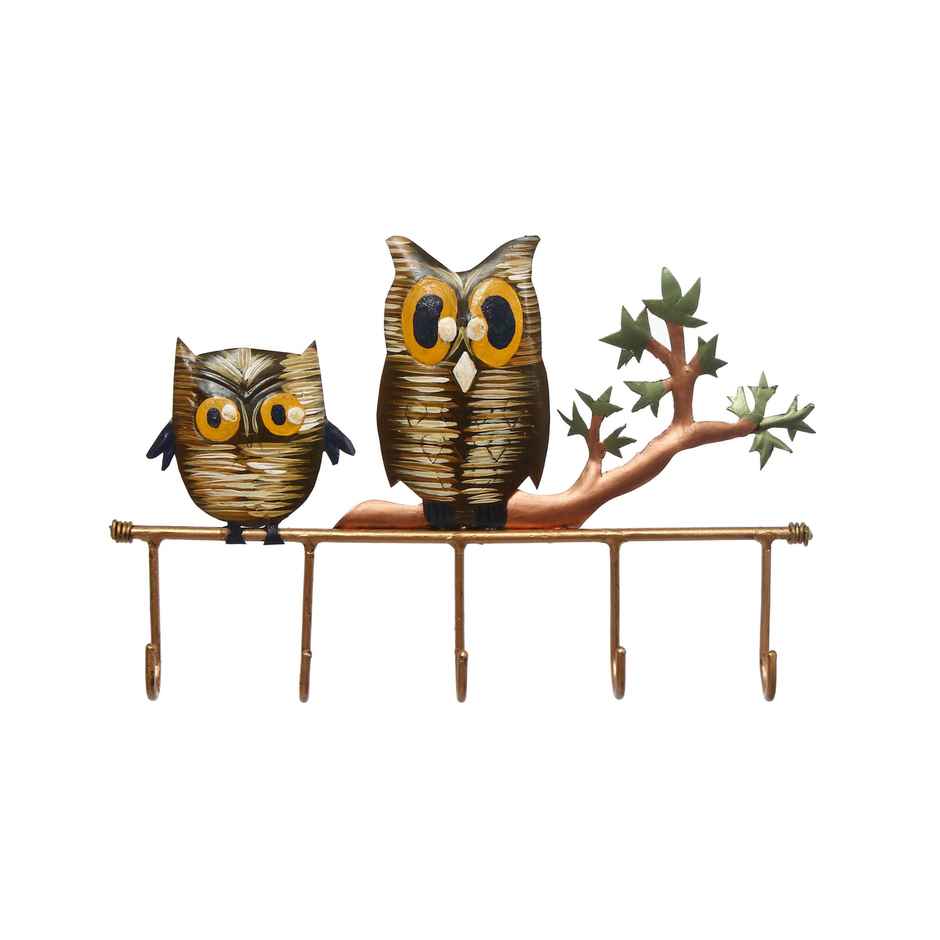 eCraftIndia Iron 2 Owl Birds Sitting On Tree Branch Decorative Key Holder With 5 Key Hooks For Wall