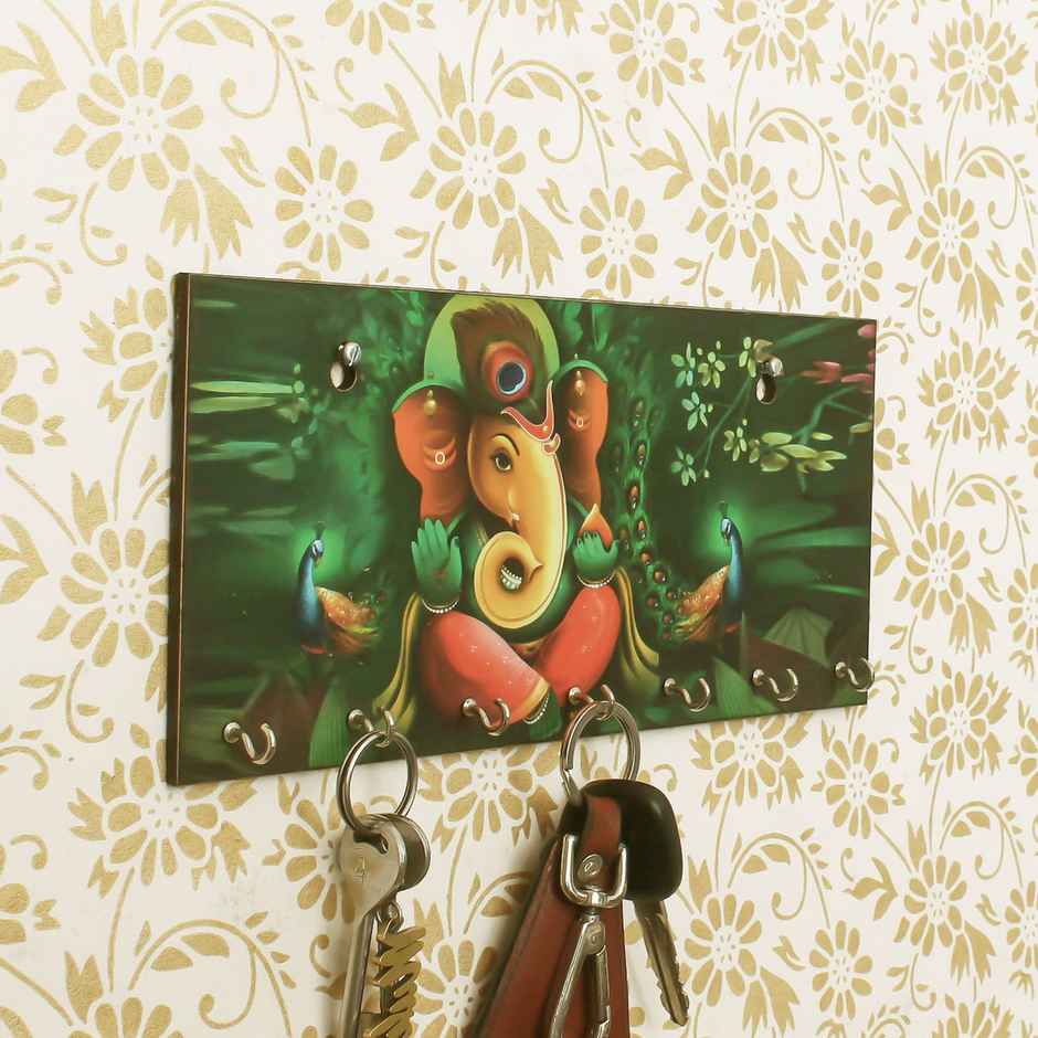 eCraftIndia Lord Ganesha With Peacock Designer Wooden Key Holder With 7 Hooks For Wall