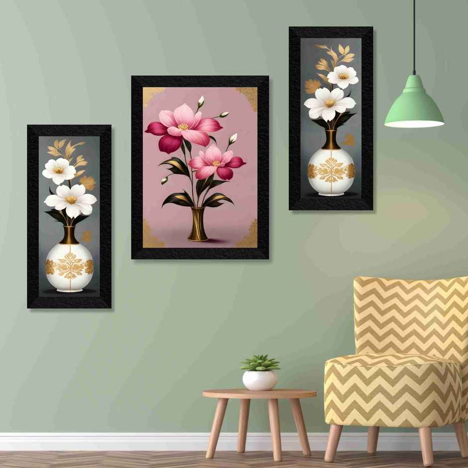 Saf Beautiful Flower Premium For Wall Decoration 14 Inch X 24 Inch Painting (With Frame, Pack Of 3)