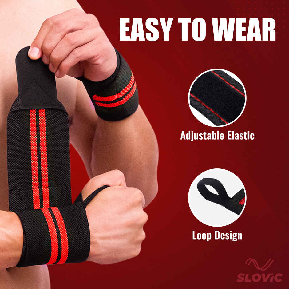 Slovic Wrist Strap for Weightlifting, Gym Grip Support & Strength Training | Red & Black