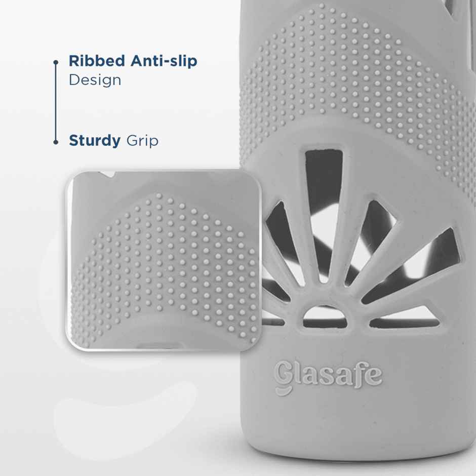 Glasafe Clear Grip Borosilicate Glass Bottle With Protective Silicone Sleeve (Soothing Slate) 750Ml