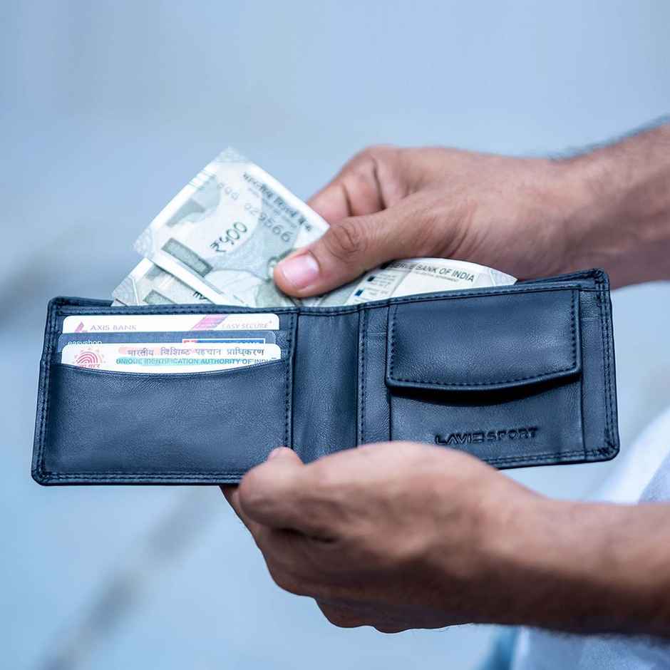 Lavie Sport Men's Solid Faux Leather Bi-Fold Wallet | Navy | (12 x 1.6 x 9 cm)