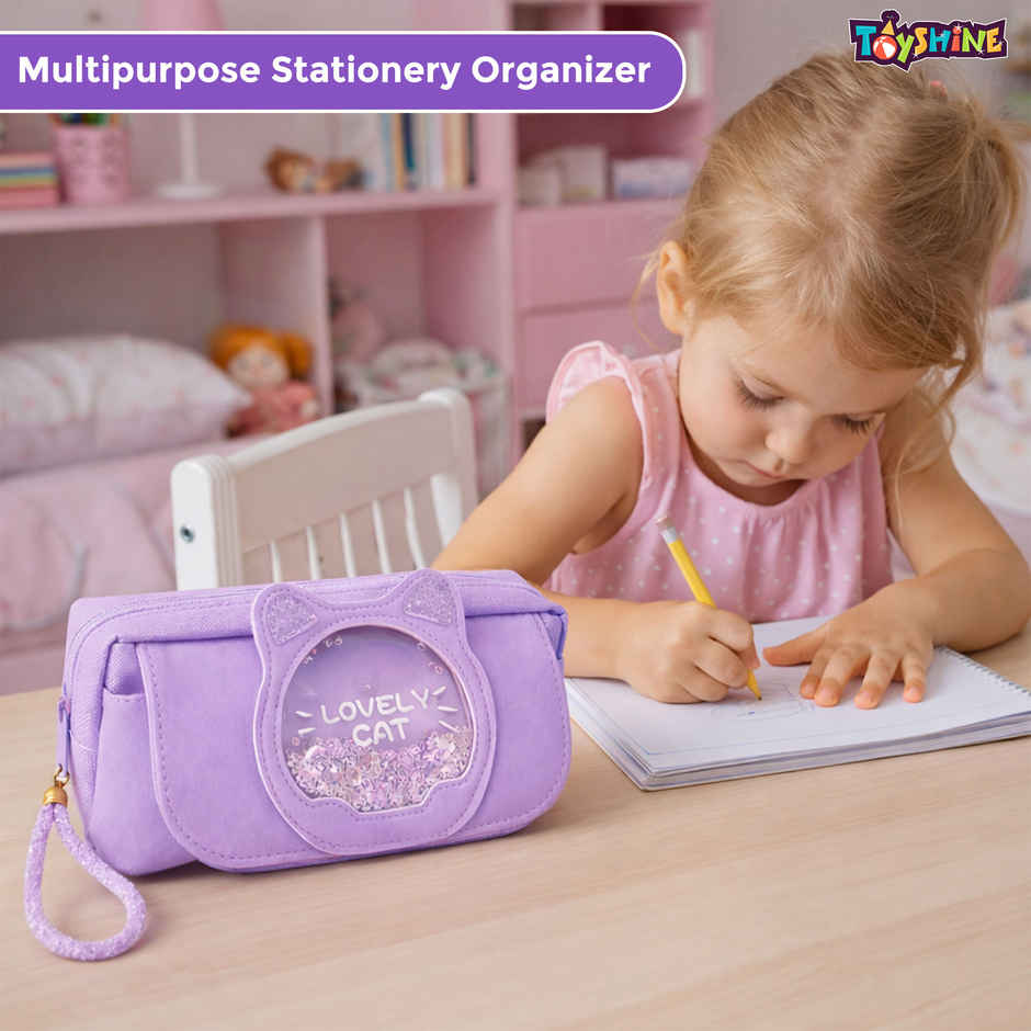 Toyshine Lovely Cat Pencil Pouch with Zipper Wrist Strap Glitter | Purple