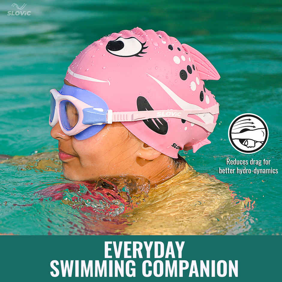 Slovic Kids Swimming Cap - Fish Design (Red Rose), Soft Stretchable Waterproof Swim Cap