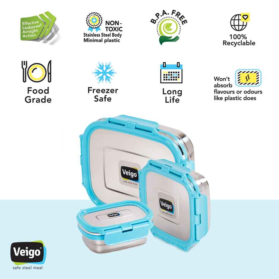 Veigo Ready to Gift Celebration Pack of 3 Leakproof Steel Lunchbox | 630+330+180 ml Aqua Blue