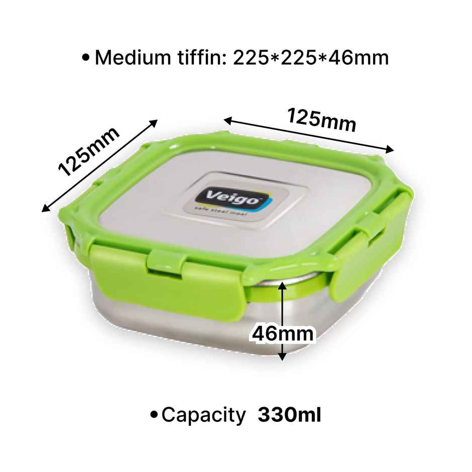 Veigo Medium Stainless Steel Leakproof Snack+Tiffin Box (330 ml) Office,Home,School - Green