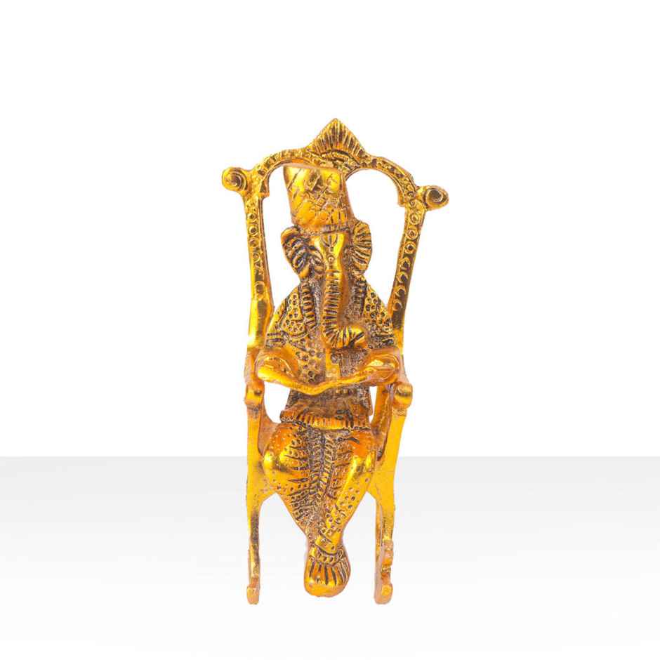 Ganesh Ji Idol Reading Scripture on Chair in Gold Polish | Devnidhi