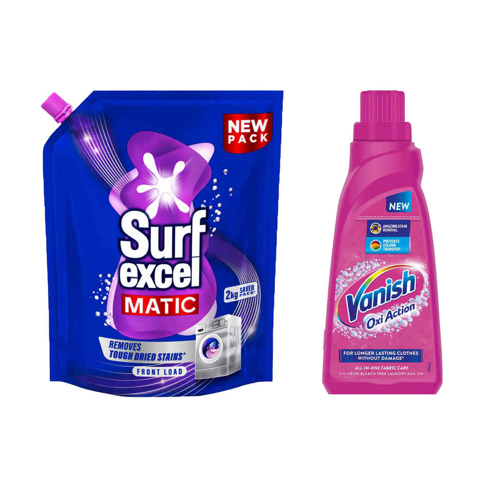 Surf Excel Matic Front Load Detergent Liquid Refill | Tough Dried Stain Removal (1g) & Vanish Liquid Stain Remover & Detergent Booster For Clothes (1g) Combo