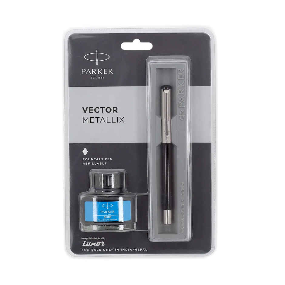 Parker Vector Metallix Fountain Pen | Fine Nib | Black Body | Gift Set