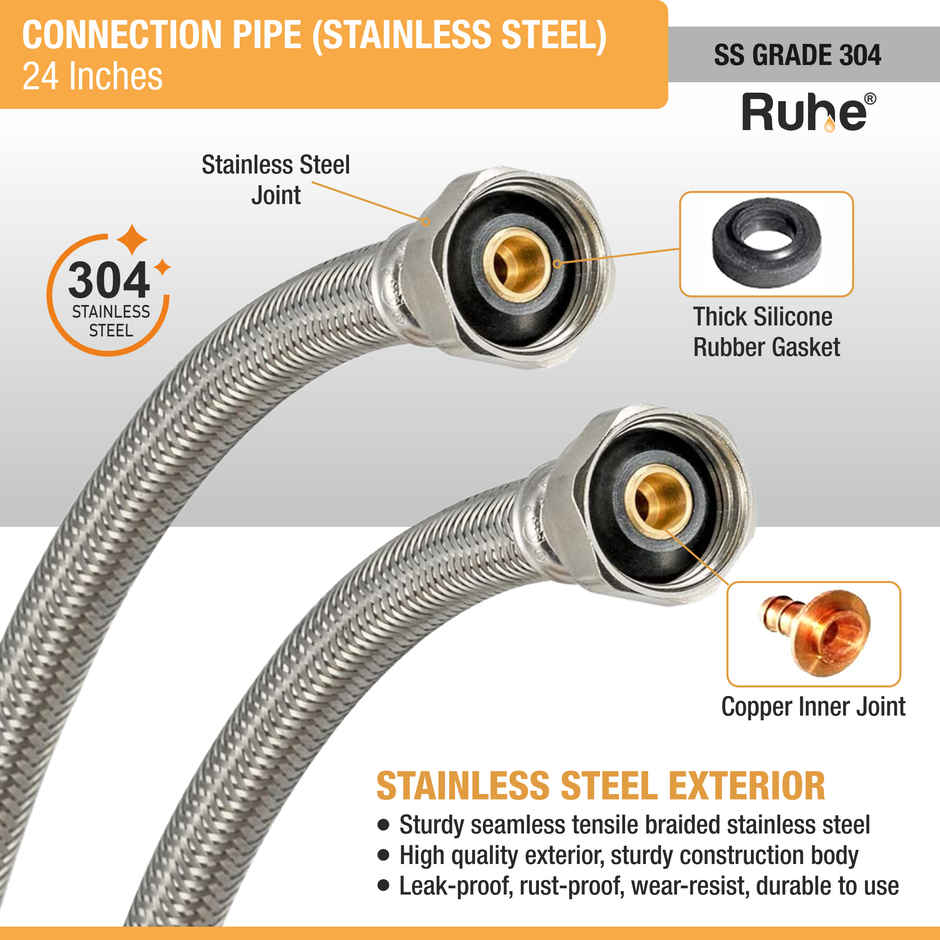 Ruhe Geyser Connection Pipe SS (24 Inches) (304 Grade) (Pack of 2)