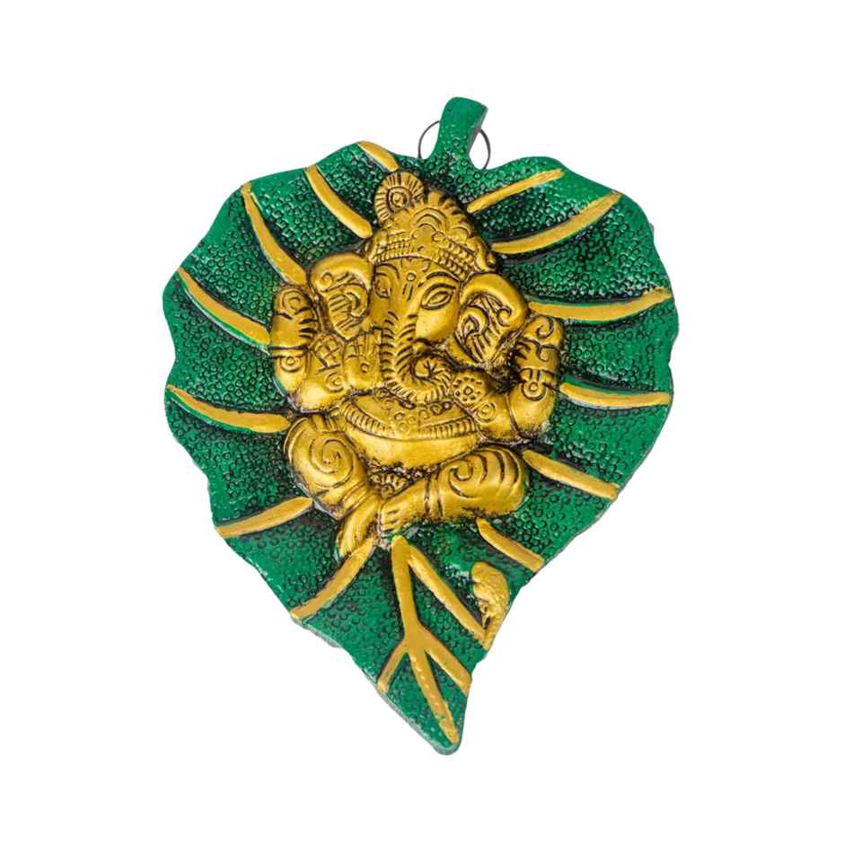 Ganesh Ji on Green Leaf Wall Hanging in Gold Polish Small Size | Devnidhi