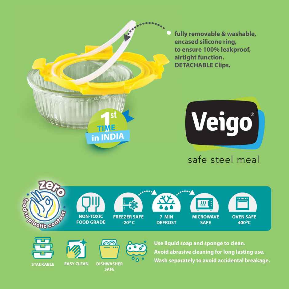 Veigo See & Serve - Oven Safe Glass Container + Innovative Tempered Glass Lid (620 ml) Yellow