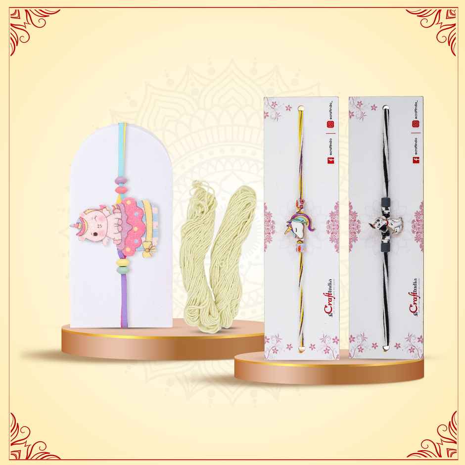 Ecraftindia Unicorn Rakhi | Raksha Bandhan Rakhi | Roli Chawal Pack (1pc) & Floweraura Colourful Unicorn N Cupcake Pastel Rakhi (1pc) & Shubhkart Darshana Janeu (1pc) & Ecraftindia Cute Dog Designer Rakhi With Roli Chawal Pack | Pet Rakhi For Dog (1pc) Combo