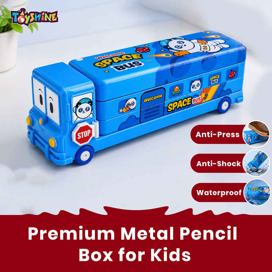 Toyshine Cartoon Printed School Bus Metal Pencil Box With Moving Tyres And Sharpener For Kids - Blue