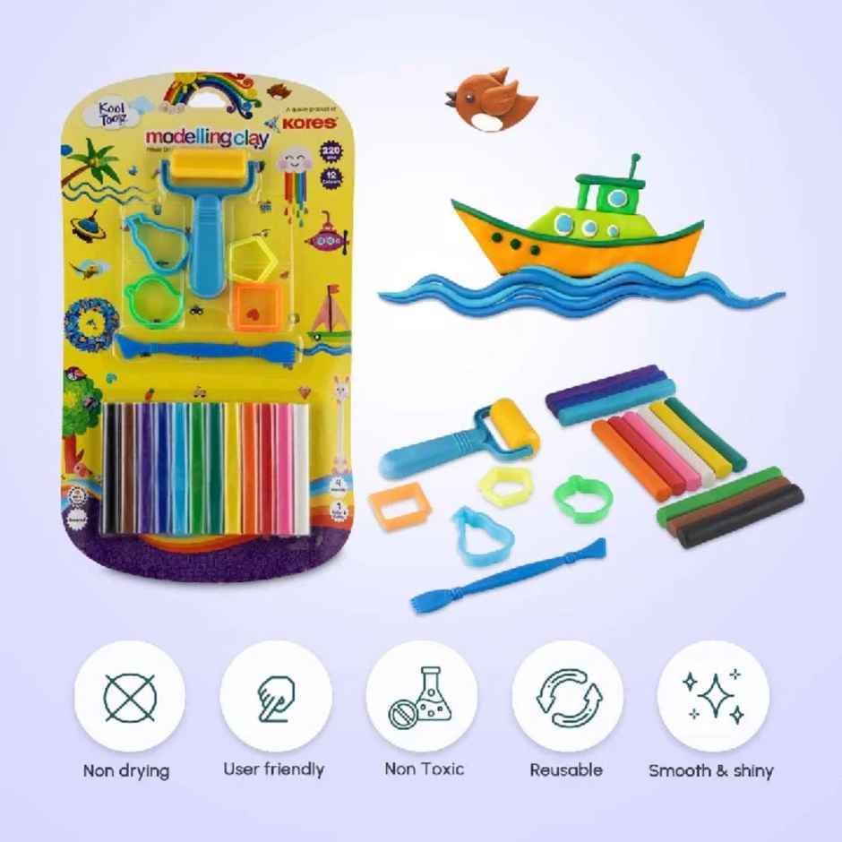 Kores Modelling Clay | 12 Shades | 4 Moulds | 1 Roller | Creative Fun