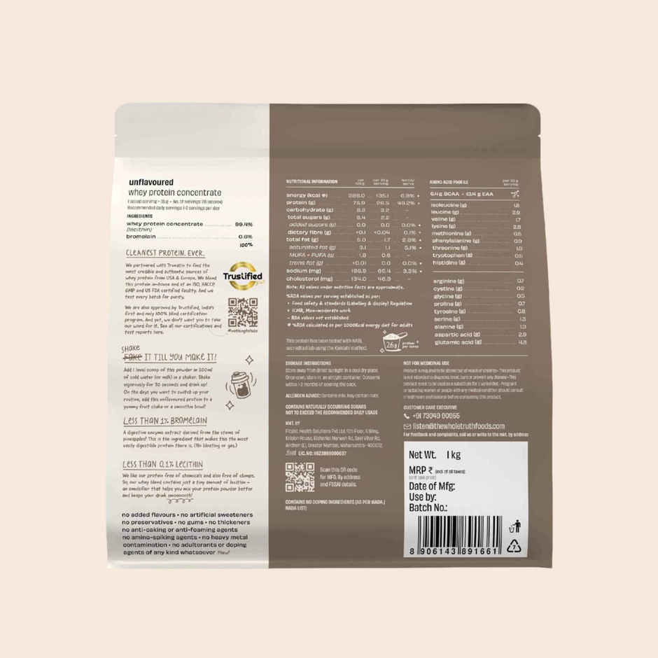 The Whole Truth Unflavoured Whey Protein Concentrate (26g Protein Per Scoop)