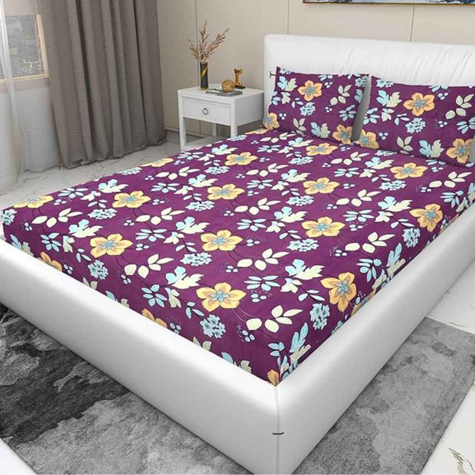 Casacraft by Pepperfry Purple Floral 180 TC Microfiber Double Bedsheet With 2 Pillow Covers