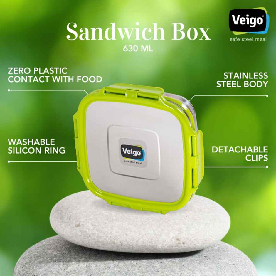 Veigo Sandwich - Stainless Steel Leak Proof Tiffin Box (630 ml) Compact Square Design - Green