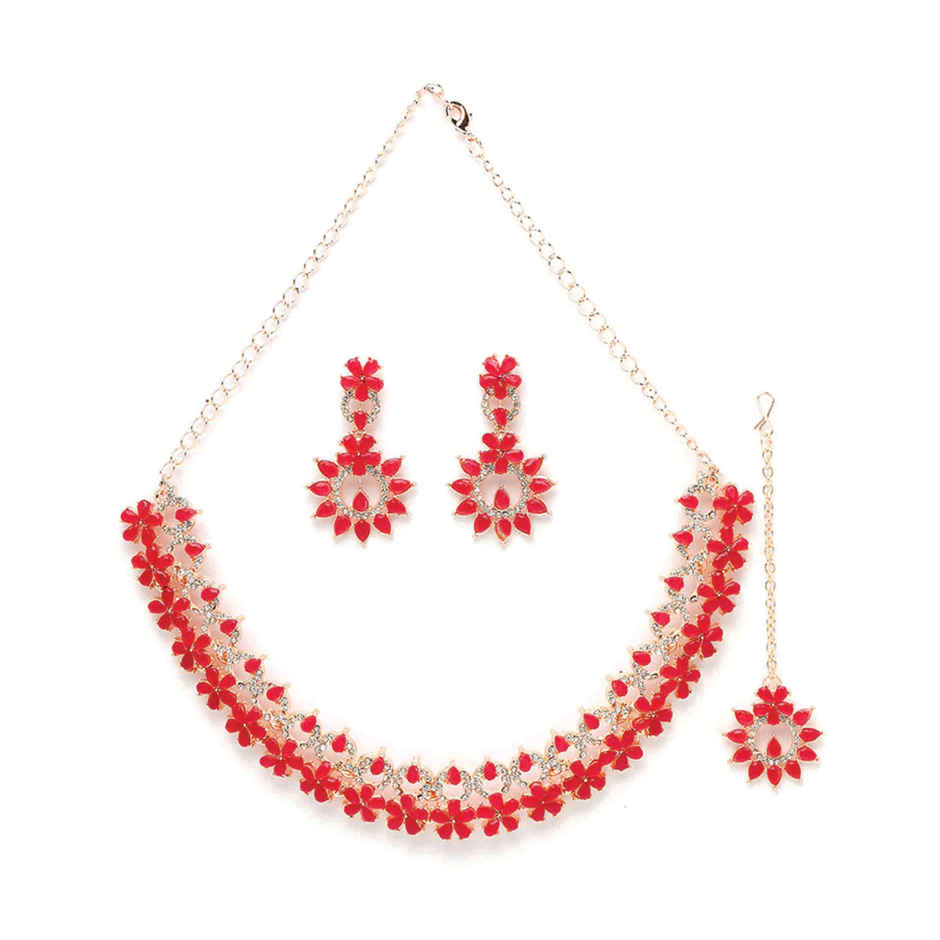 Sukkhi Glossy Gold Plated Rani Pink Kundan & Beads Studded Floral Choker Necklace Set