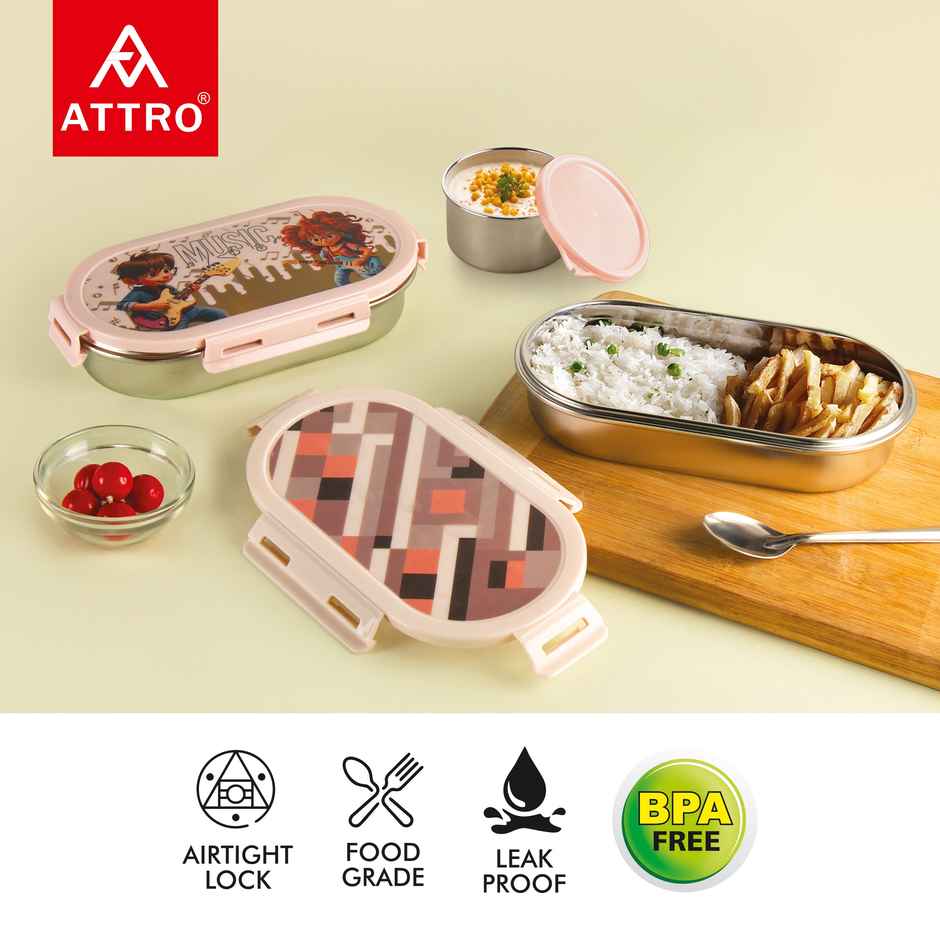 Attro Pluto Stainless Steel Lunch Box 540 + 170 ml - Airtight | Leak-Proof | Food Grade | Grey