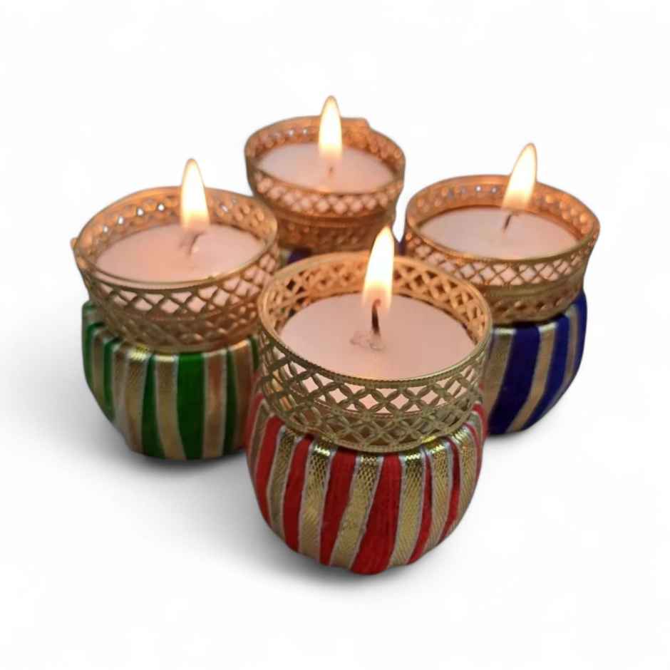 Gota Drum T Light Holders | Pack Of 4 | Glass and Metal | Assorted | Gullak