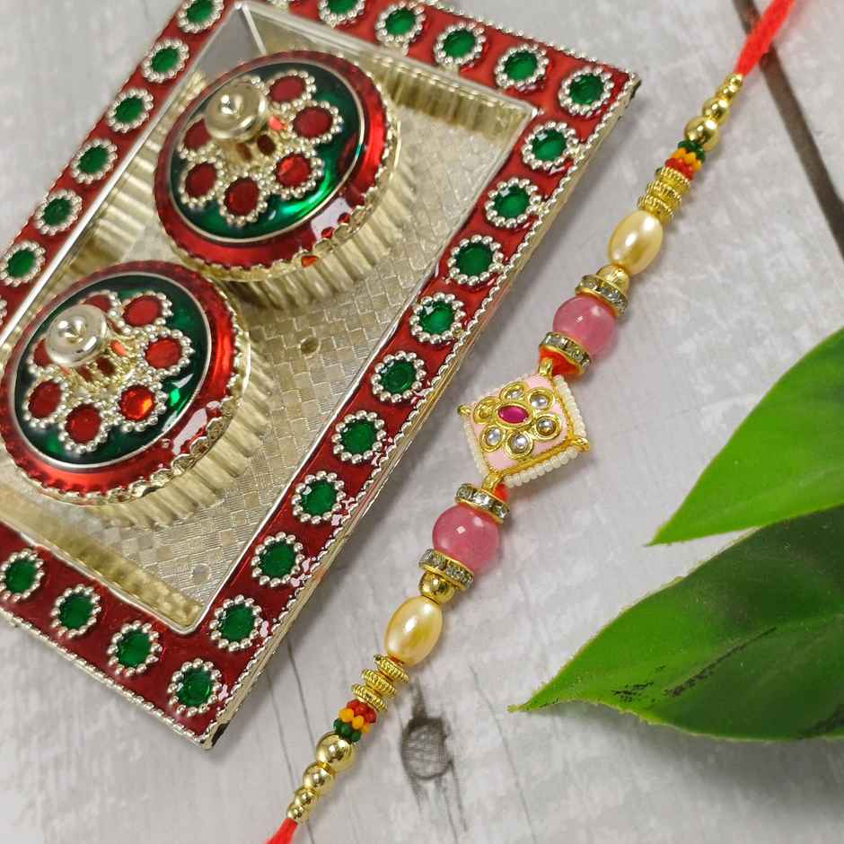 Gullak Beaded Kundan Pink Minakari Rakhi - Colorful and Artistic