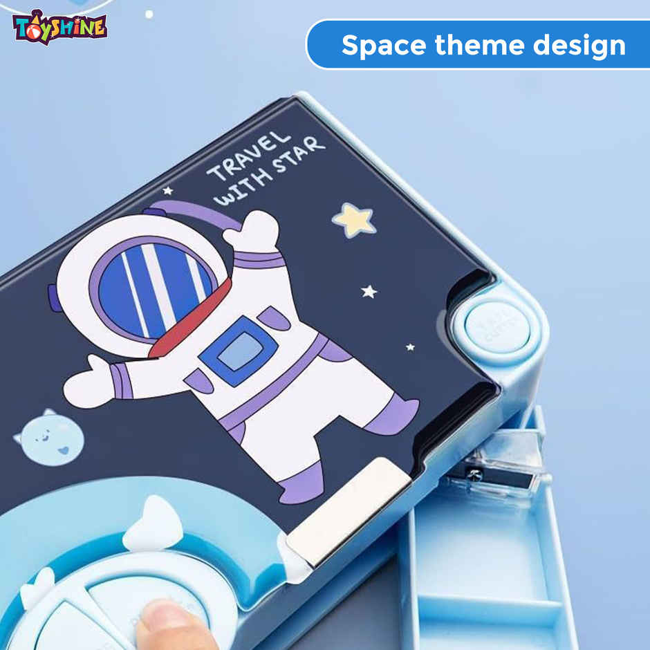 Toyshine Button Enabled Double Compartment Pencil Box-Storages and Sharpner For Kids - Space Blue