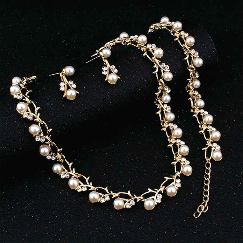 Shining Diva Fashion Gold Plated Pearl Necklace Earrings Bracelet Set for Women and Girls Sd10333s