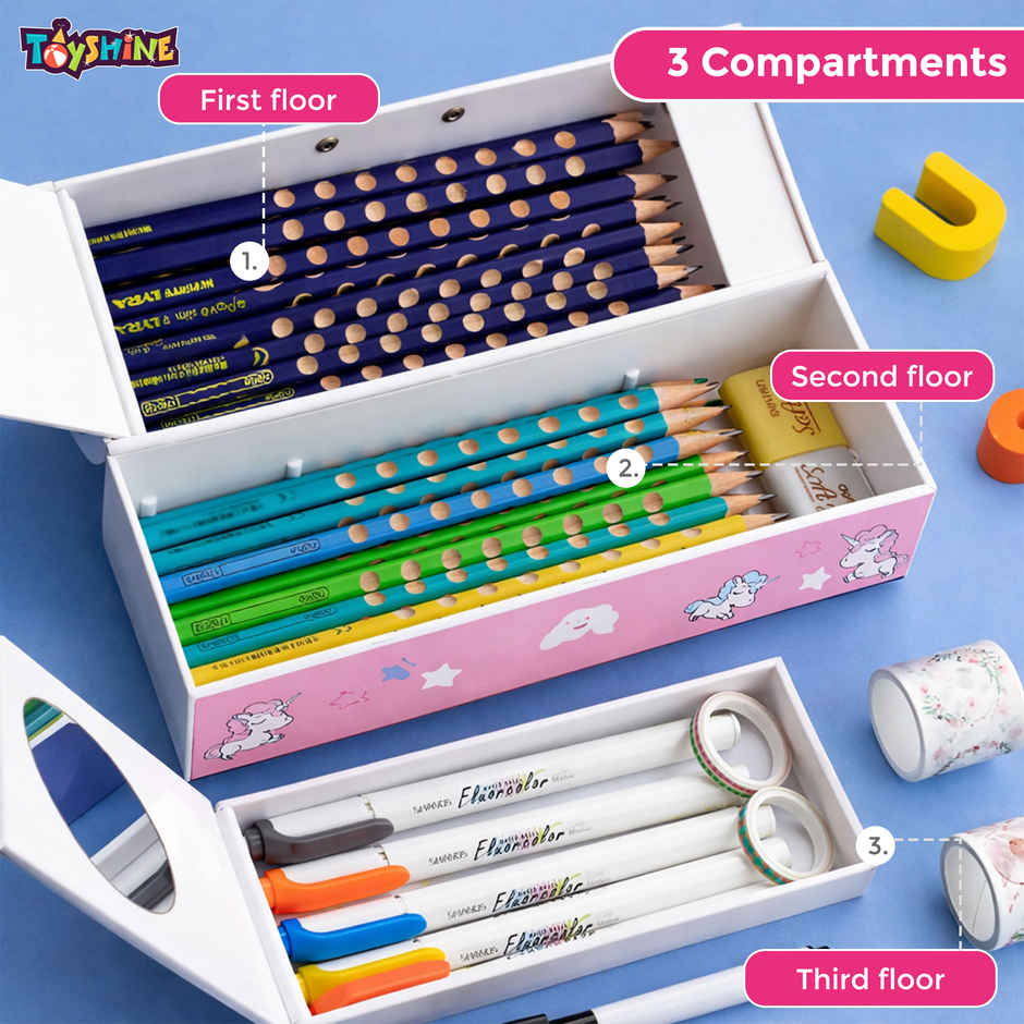 Toyshine Code Lock Pencil Box Multi Compartment Secret Storage | Unicorn Pink