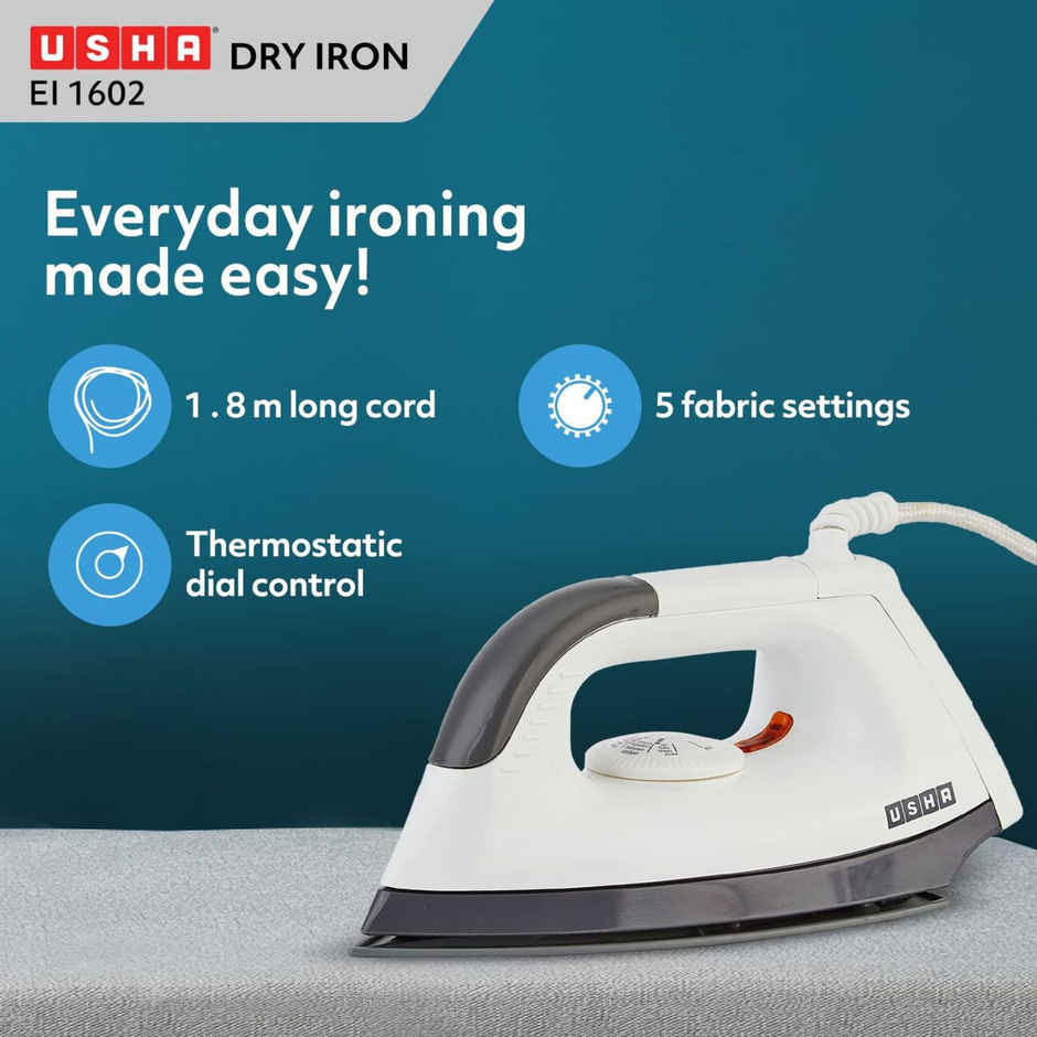 Usha Dry Iron 1602 (1000W) Non-Stick PTFE Coated Soleplate With 180 Degree Swivel Cord - Grey
