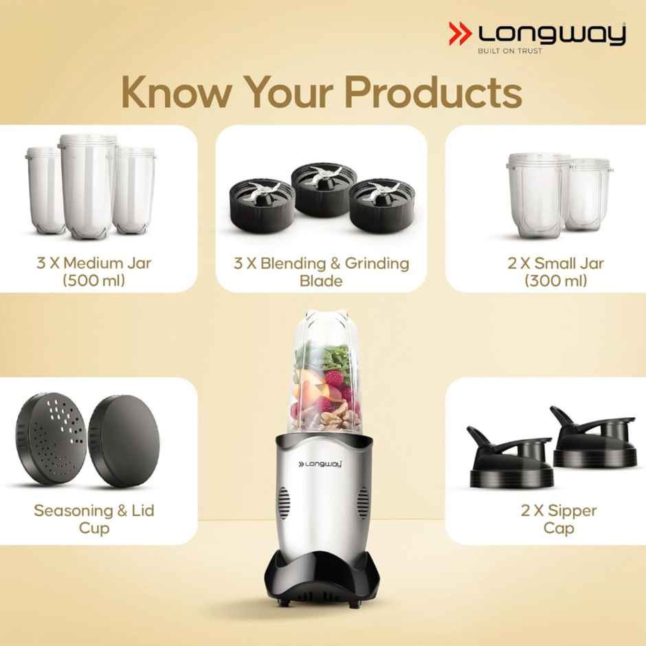 Longway Nutri Power Mixer Grinder & Nutri Blender | 600 W | 22000RPM | 5Jars and SS Blades - Silver