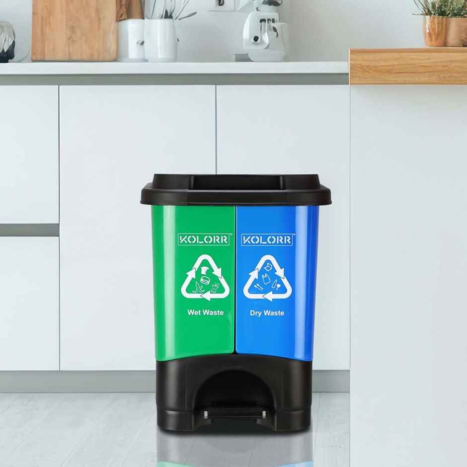 Kolorr Twin Bin 19L Dustbin Dry & Wet Waste Pedal Dustbins - Blue & Green Colour - Medium Size