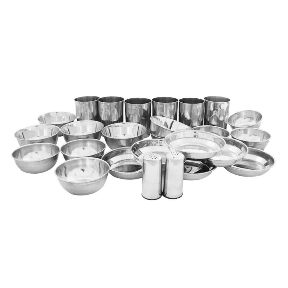 Stainless Steel Striped Dinner Set 6 Plate, 6 Dessert Plate, 6 Curry Bowl, 6 Glass (32 Piece)